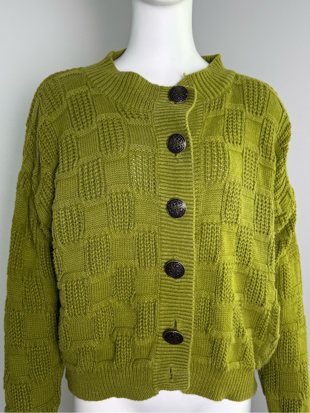 Express Olive Green Checkerboard Button-Up Cardigan